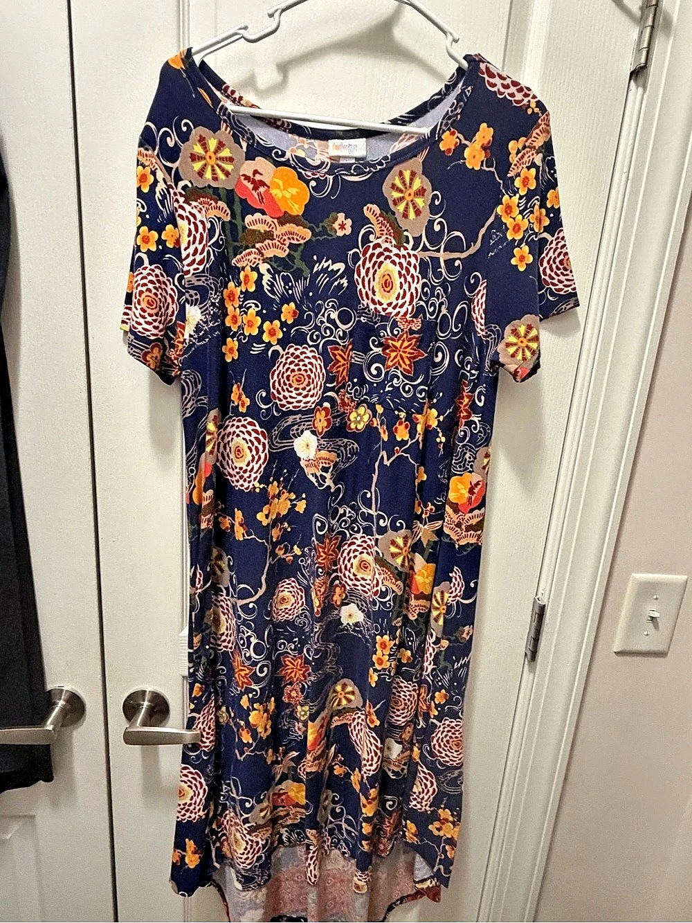 LuLaRoe Carly Dress Floral Midi Blue & Orange Size Large